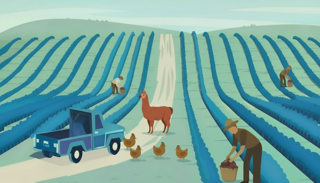 Sonoma County landscape with pickup truck, chickens, llama and grape pickers.